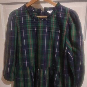 Crown & Ivy Dress sz 16 Plaid, Embroidered, Eyelet, Pleated Shoulder